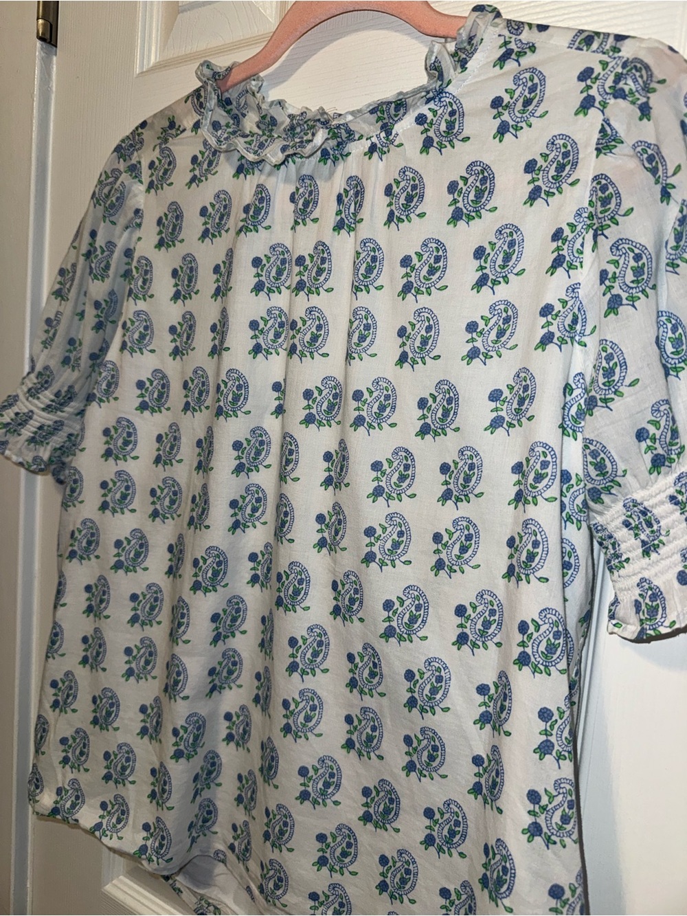 J. Crew White Blouse with Blue Floral Print and Ruffle Neck - Picture 3 of 8